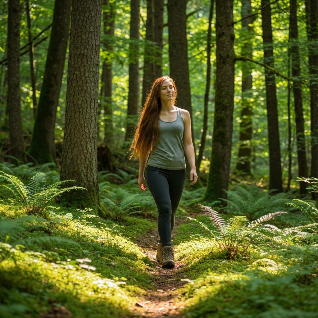 Serene forest landscape with sunlight filtering through trees, representing natural wellness therapy and mindfulness meditation environment
